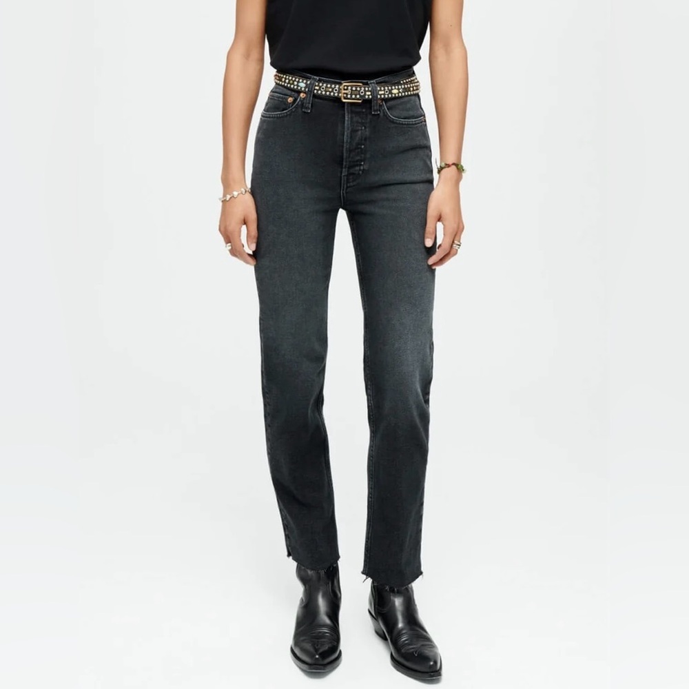 RE/DONE 70s Stove Pipe Jeans High Rise Washed Noir Black Denim Size 31